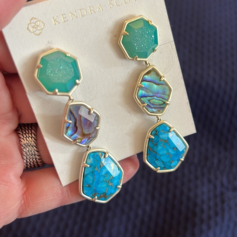 KENDRA SCOTT Nina Linear Matte Dangle Clip Earrings With Blue Mix Stones NWT - Picture 4 of 7